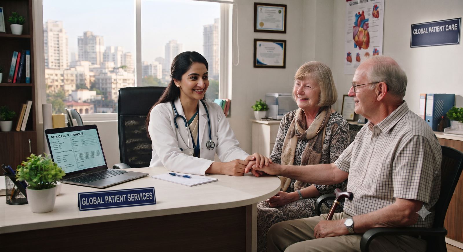 Cardiologist reviewing a patient's file with an international patient and their family