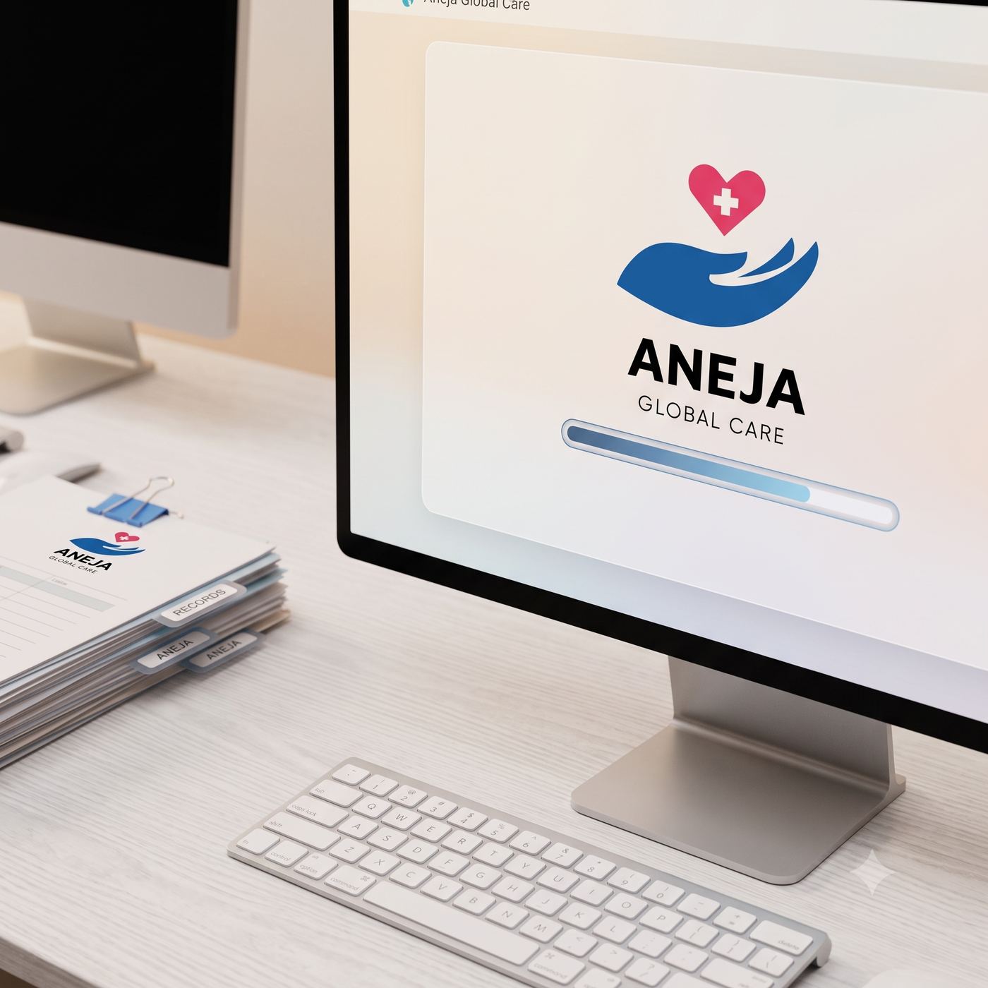 Aneja Global Care records folder and case files prepared on a desk