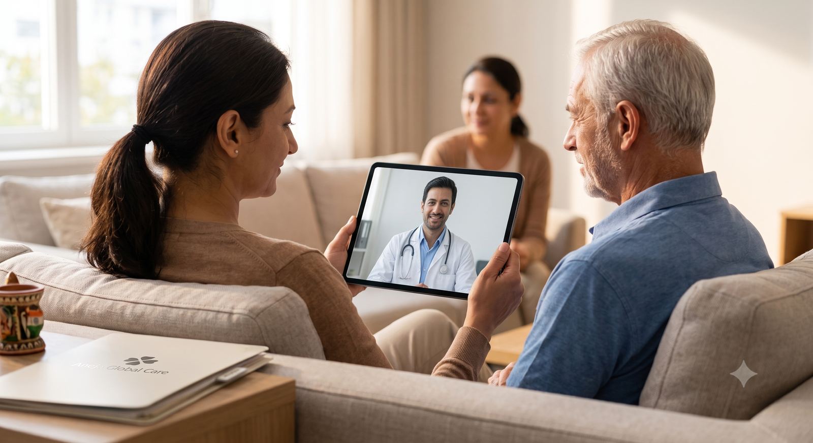 Family on a video consultation with a doctor after returning home