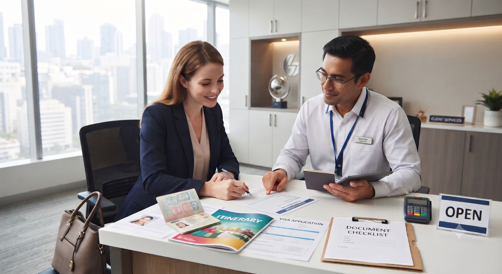 Visa application and travel documentation being prepared with a travel coordinator