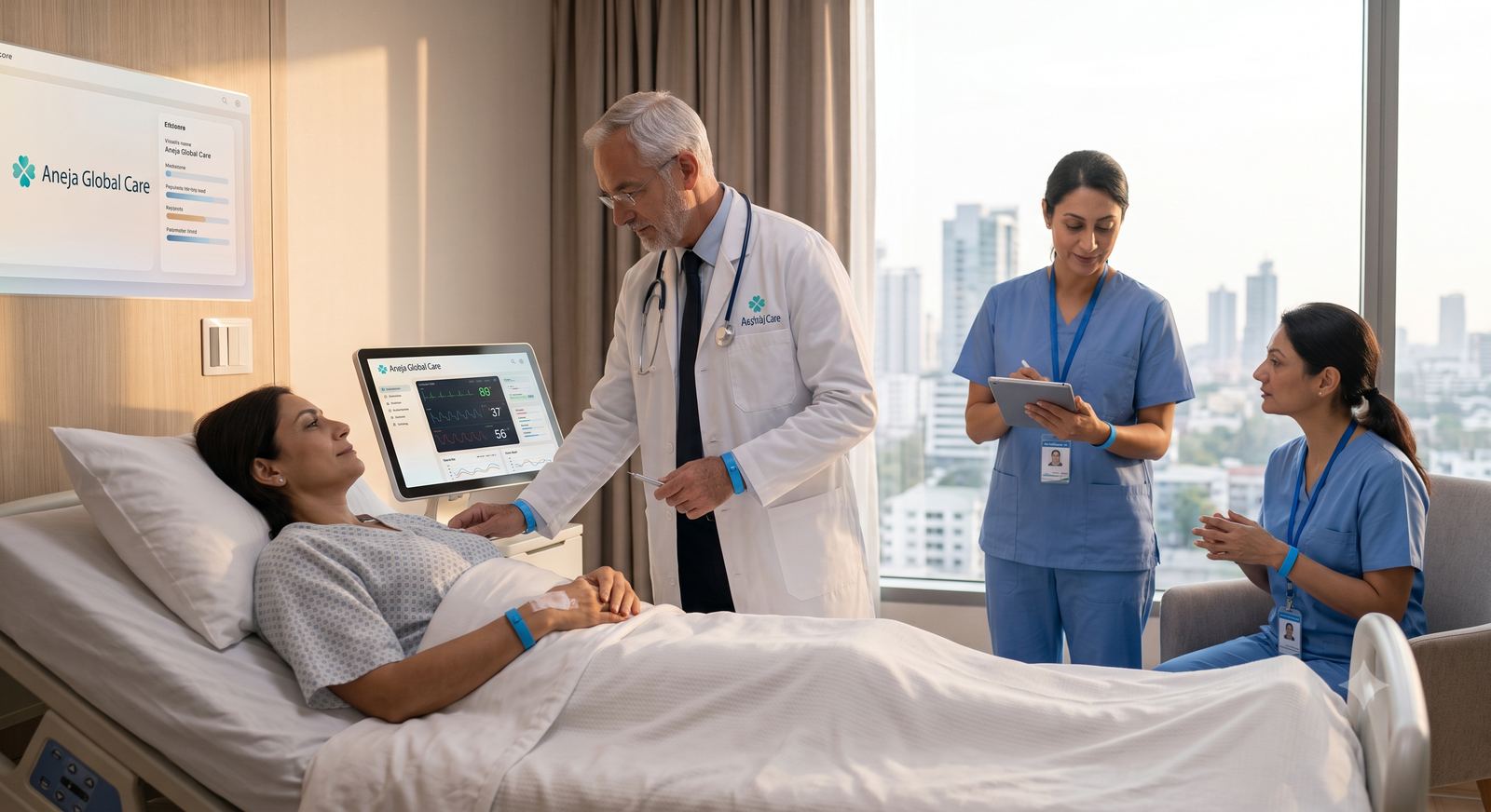 Doctor and nursing team monitoring a patient in hospital ward